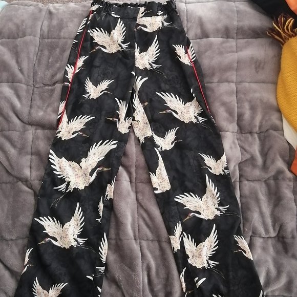 Silky Bird Print Pants - Picture 1 of 2